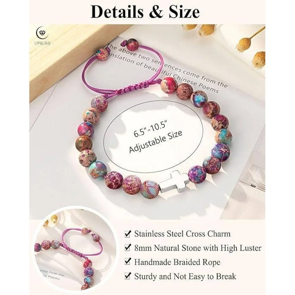 8th Grade Graduate Purple Beaded Cross‎ Bracelet Gift for Daughter Granddaughter